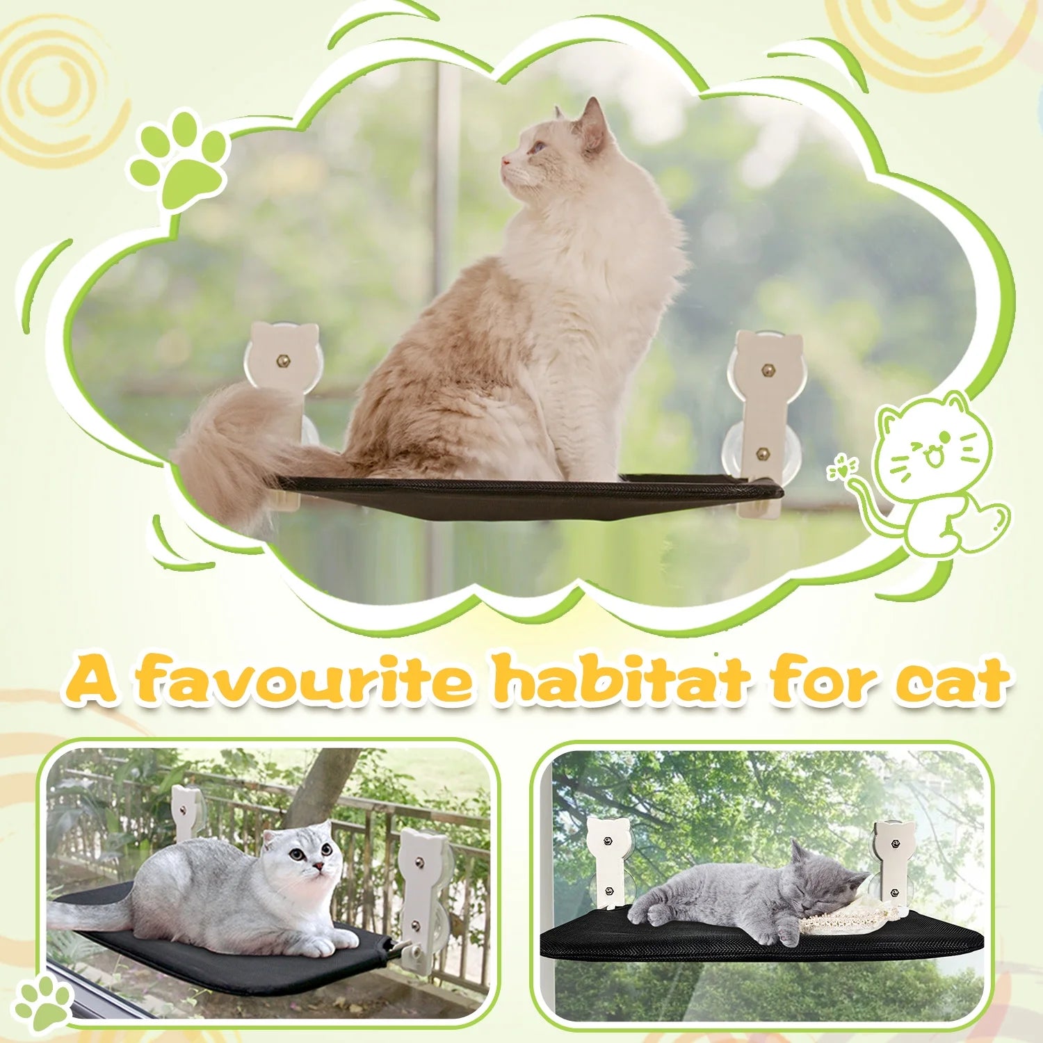 Pawtopix foldable cat hammock seat with suction cups holding cats relaxing indoors and outdoors