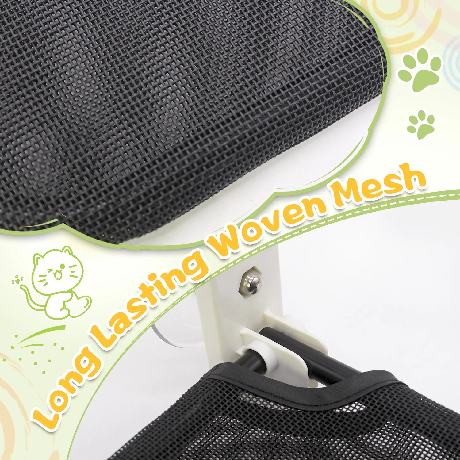 Close-up of foldable cat hammock seat with long lasting woven mesh fabric by Pawtopix