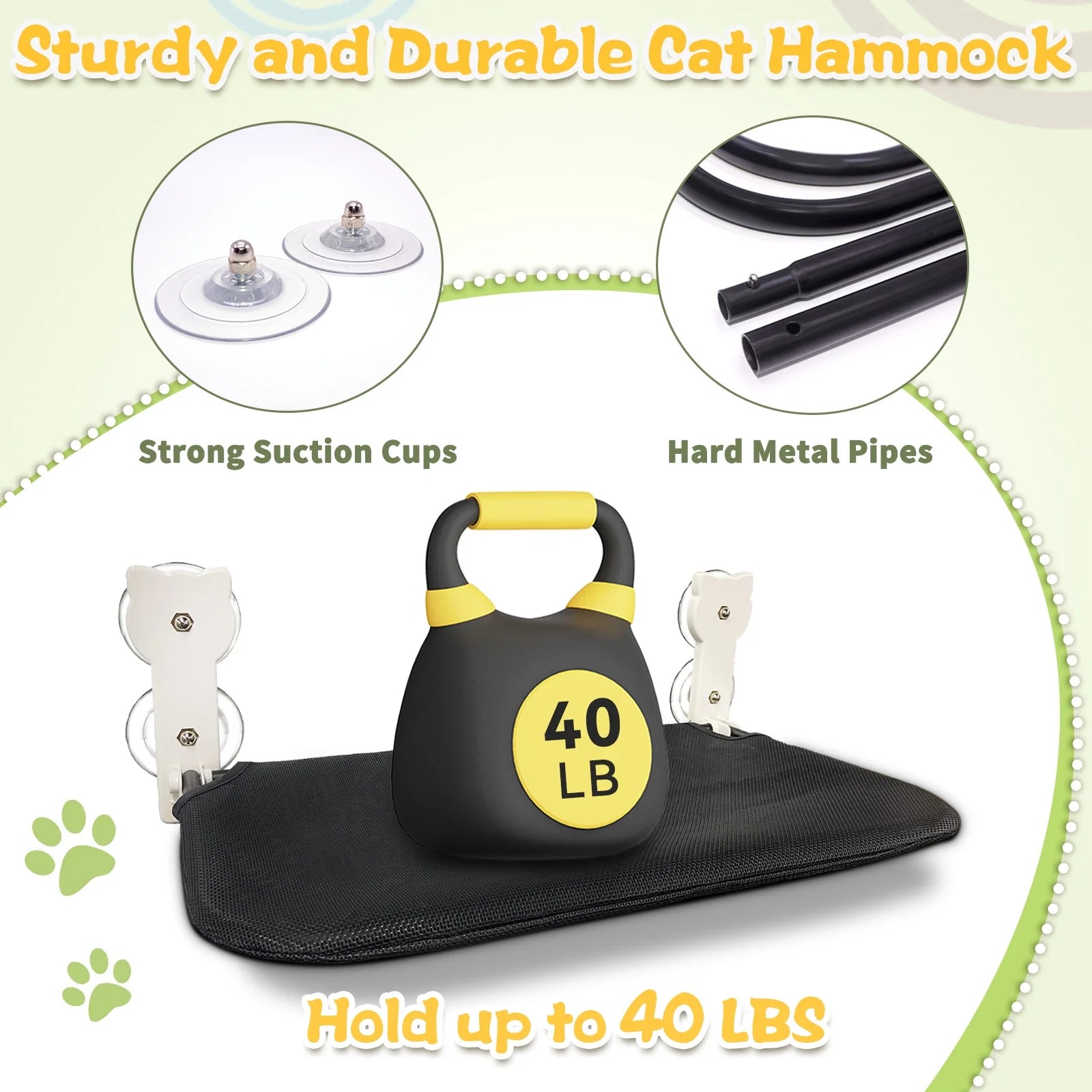 Pawtopix foldable cat hammock seat with strong suction cups and hard metal pipes supporting up to 40 pounds
