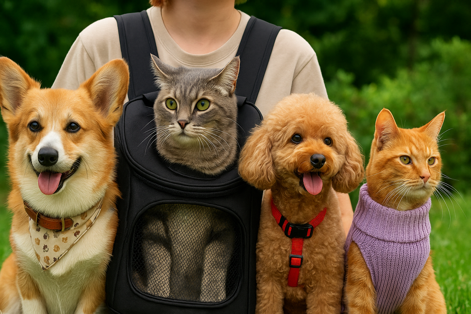 Outdoor pet travel collection showing pet carriers for dogs and cats with corgi poodle and two cats