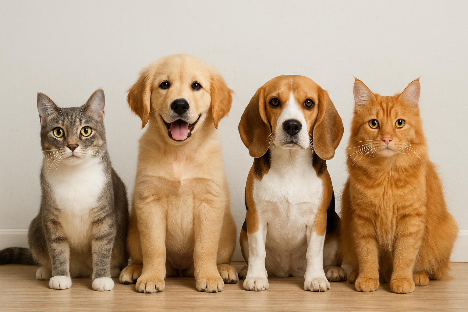 All products collection showing two cats and two dogs sitting side by side for pet accessories and comfort