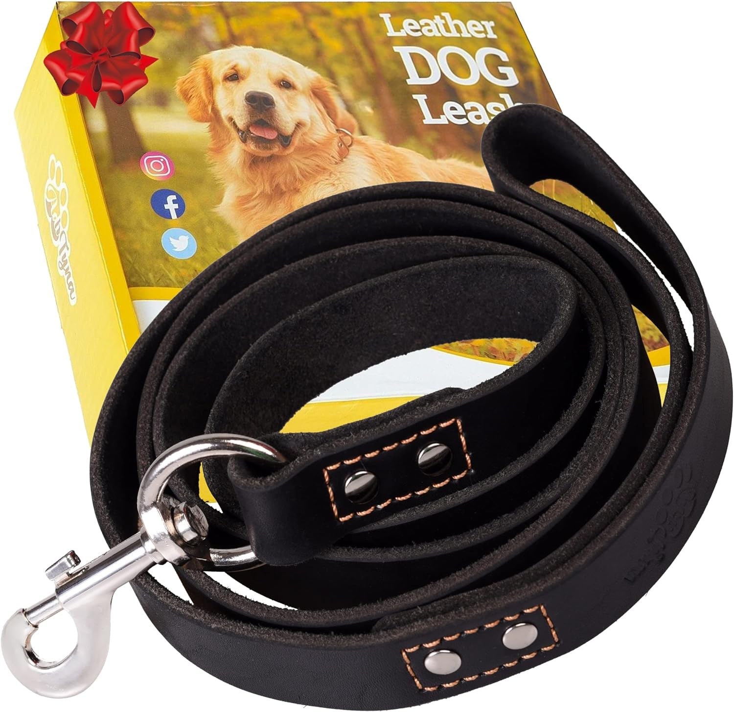 Pawtopix heavy duty leather dog leash in black with metal clasp and sturdy stitching