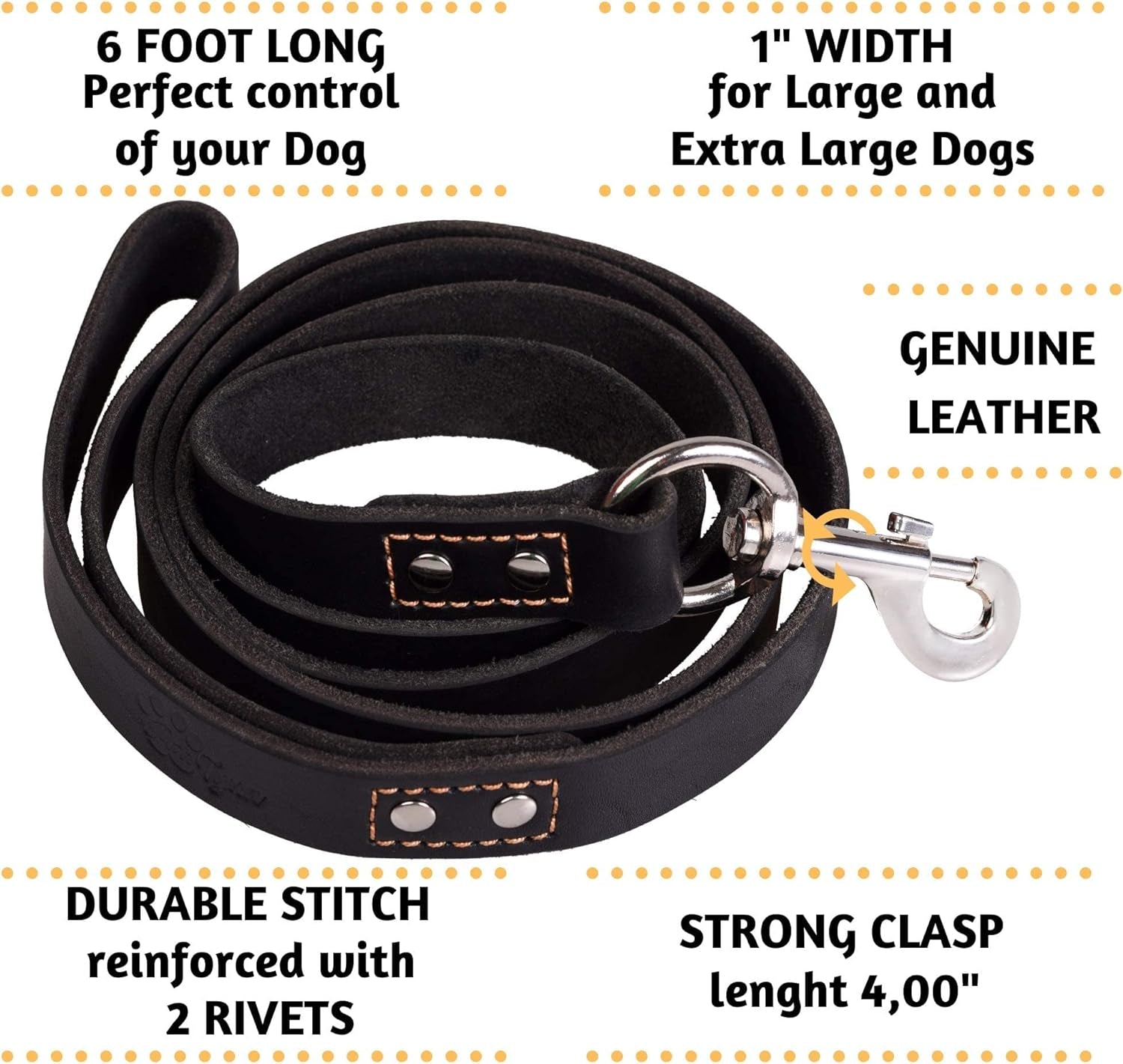 Heavy duty leather dog leash 6 foot long with strong clasp and durable stitch for large dogs