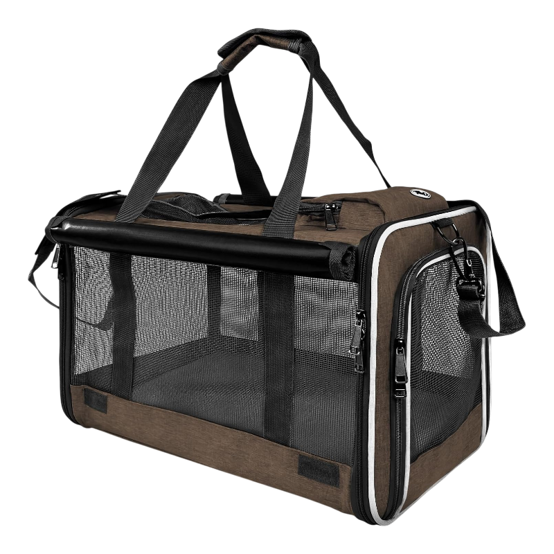 Pawtopix brown soft sided mesh pet carrier for medium cats and dogs with shoulder strap and zippered openings