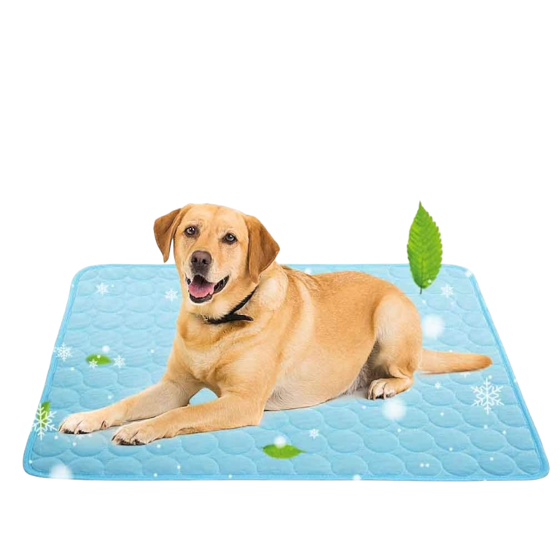 Pawtopix ice silk self cooling dog pad light blue quilted cooling mat with a Labrador relaxing for summer comfort
