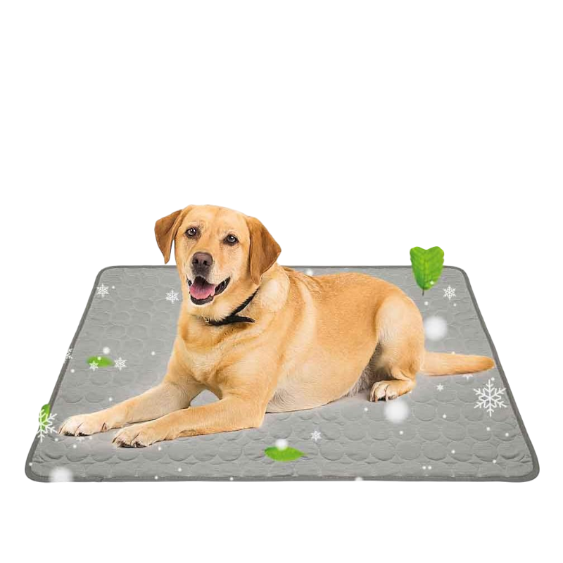 Pawtopix ice silk self cooling dog pad gray quilted large mat with Labrador lying comfortably