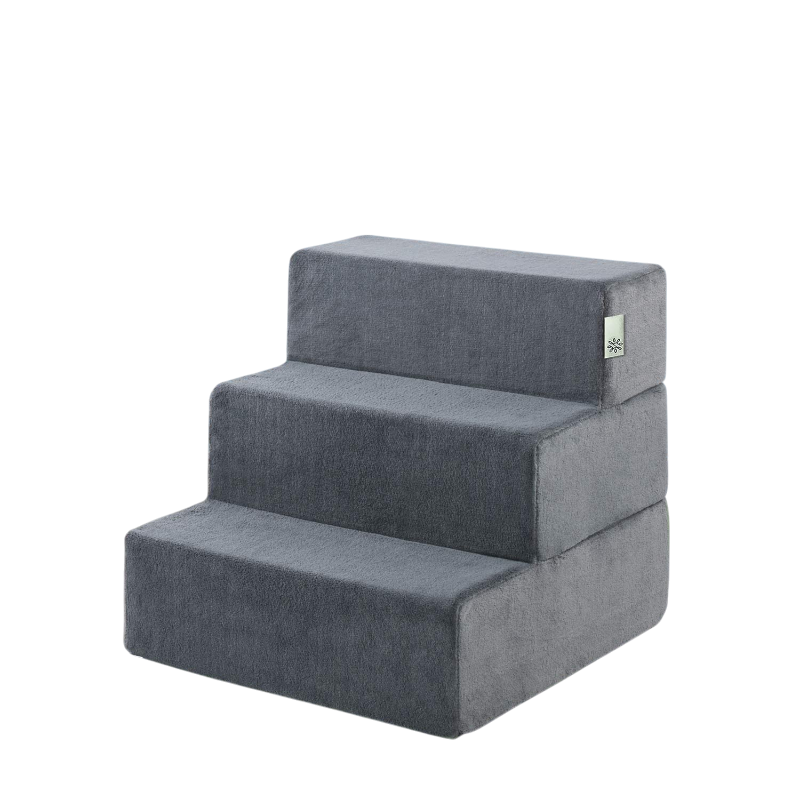 Gray three step plush pet stairs with soft fabric and non slip base safe indoor stairs for pets to reach furniture
