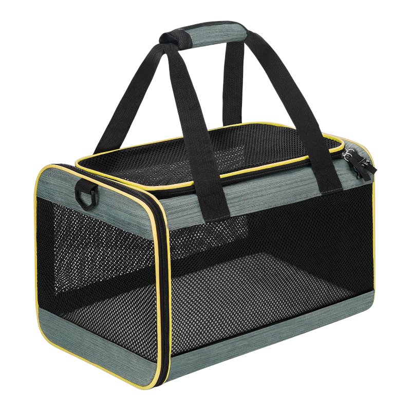Pawtopix gray mesh soft sided pet carrier with yellow trim and handles comfortable pet carrier for travel