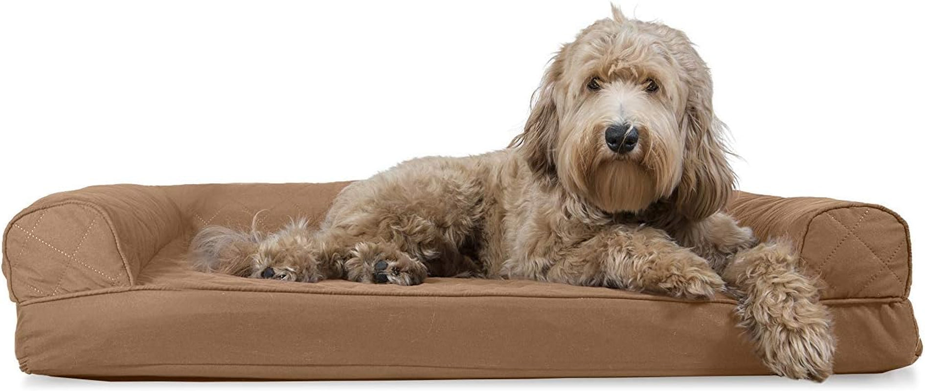Pawtopix brown bolster cooling gel dog bed for large dogs with a relaxed fluffy Labradoodle lying on it