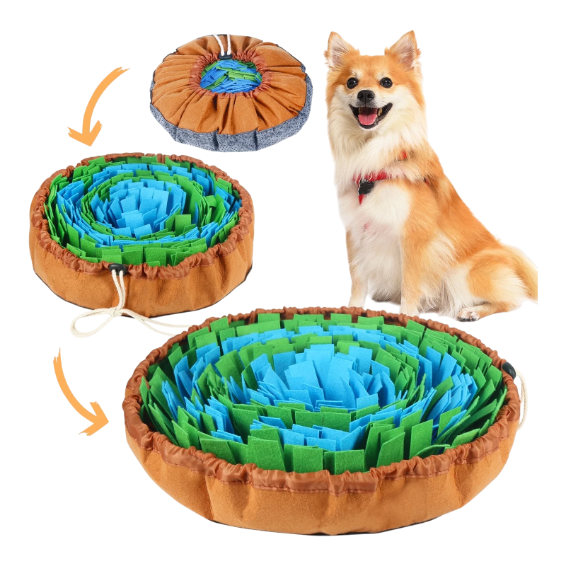 Snuffle mat for dogs round layered blue and green felt scent puzzle with brown rim and drawstring shown with small tan dog