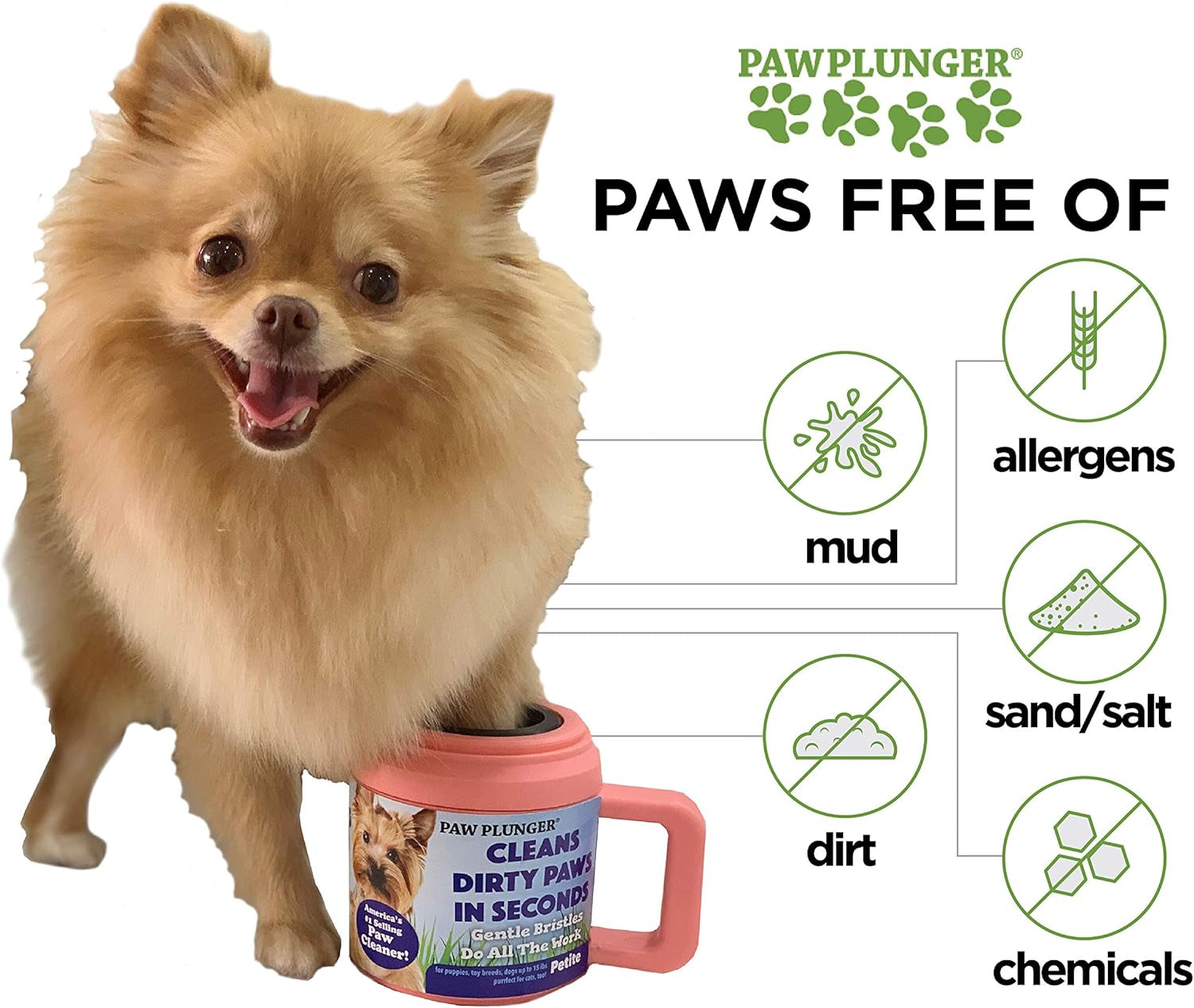 Happy small dog using paw plunger dog paw cleaning cup to remove mud dirt allergens sand salt and chemicals