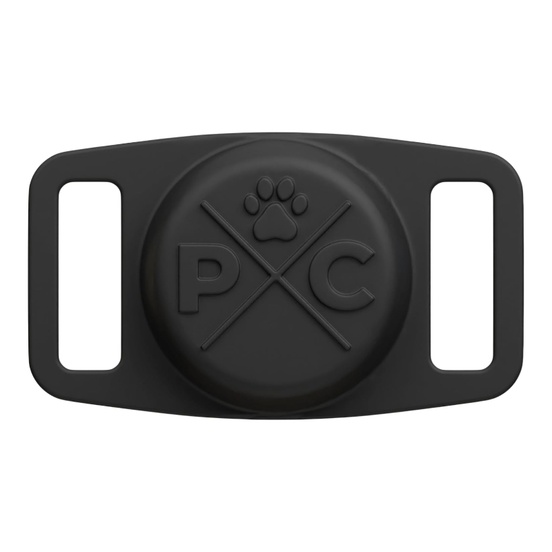Black silicone Airtag dog collar holder with paw logo and dual loops to secure tracker on collar