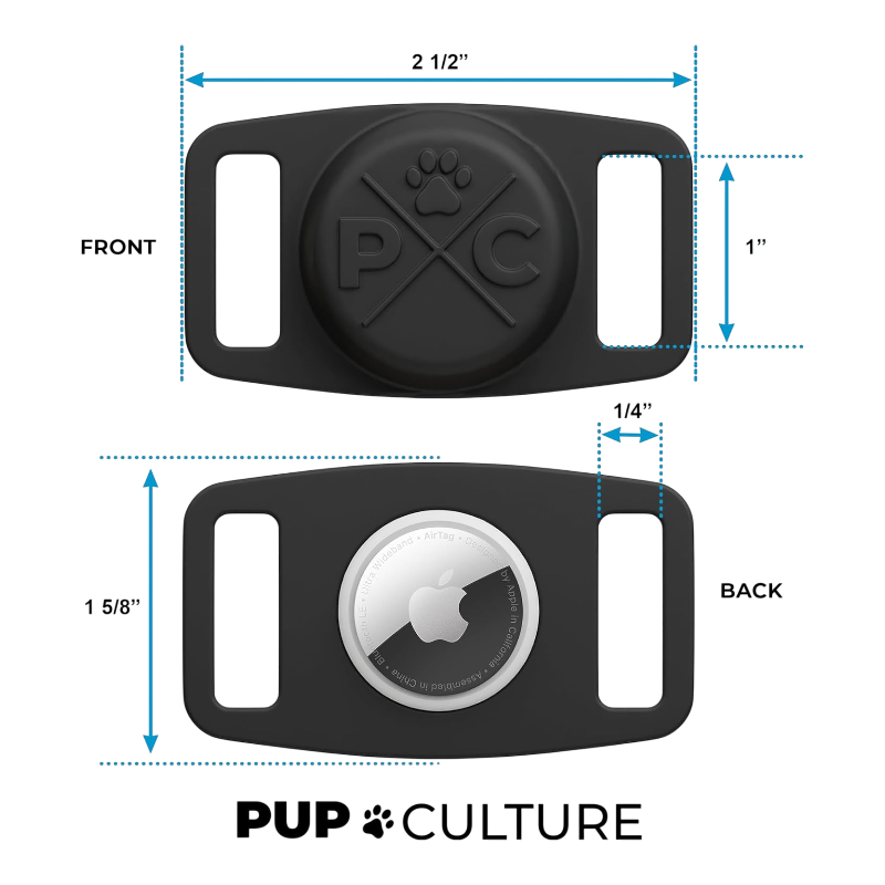 Pawtopix black silicone Airtag dog collar holder with dual strap slots and Apple AirTag shown