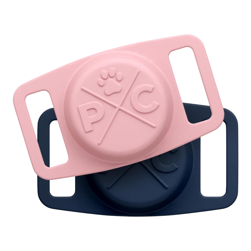 Airtag dog collar holder silicone case in pink and navy with dual strap slots and embossed paw logo by Pawtopix