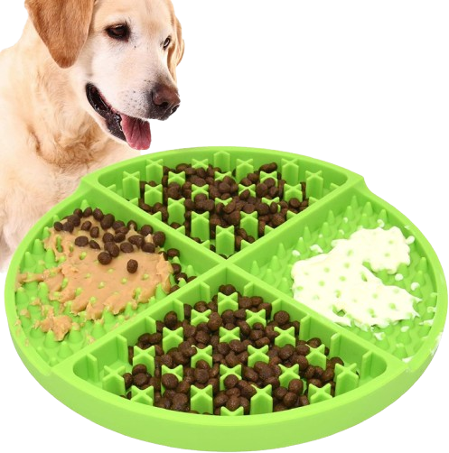 Pawtopix green divided slow feeder with kibble peanut butter yogurt and a dog licking mat for anxiety