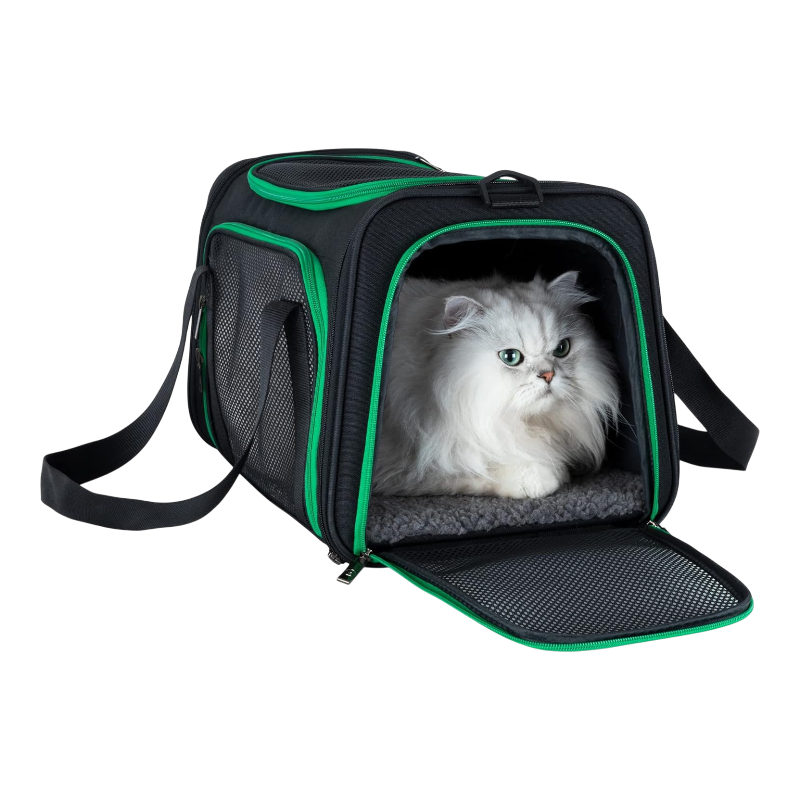 Pawtopix soft travel pet carrier bag black with green trim mesh panels shoulder strap and plush mat with white longhair cat inside