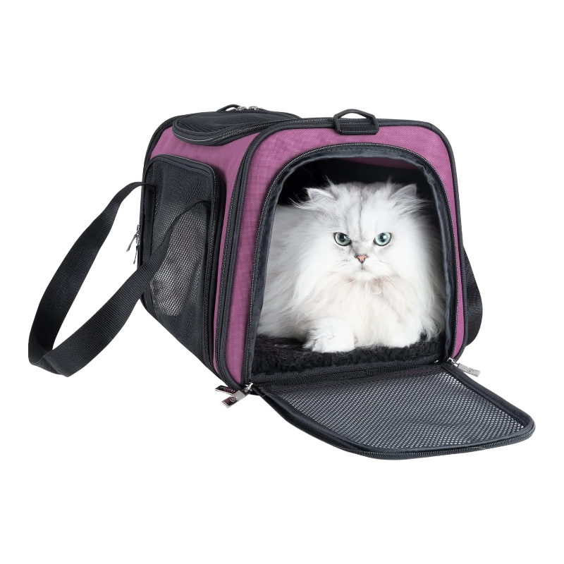 Pawtopix soft travel pet carrier bag purple collapsible carrier with mesh windows shoulder strap and white longhair cat inside