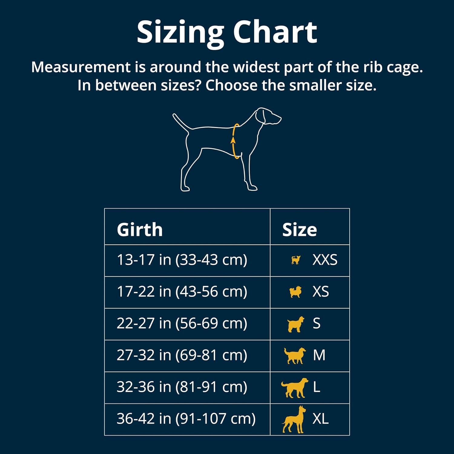 reflective no pull dog harness sizing chart showing girth measurements 13 to 42 in and sizes XXS to XL