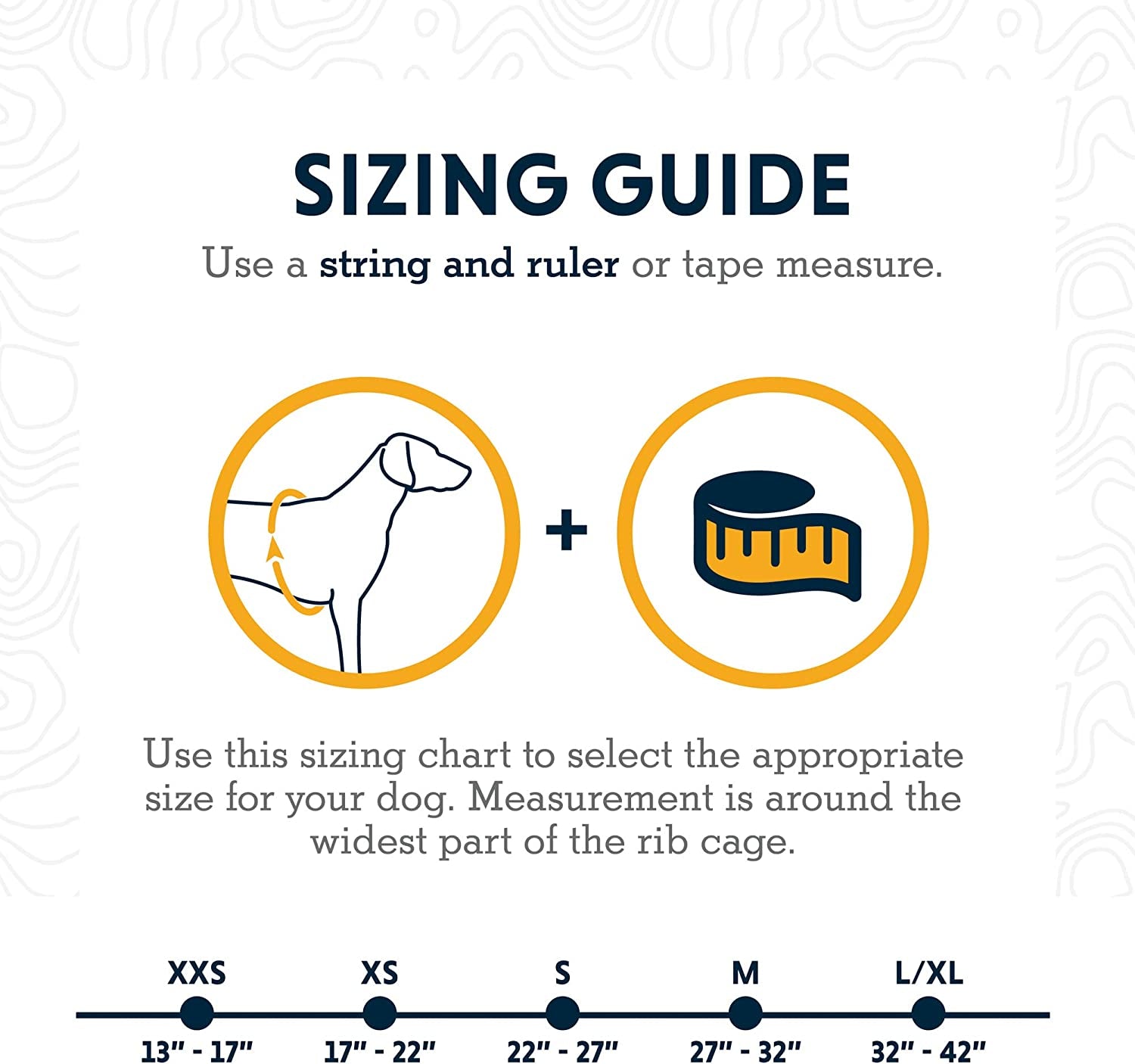 Pawtopix reflective no pull dog harness sizing guide showing how to measure rib cage with tape measure and size ranges