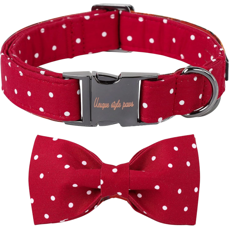 Red polka dot cotton dog collar with bow by Pawtopix featuring detachable bow tie metal buckle and D ring