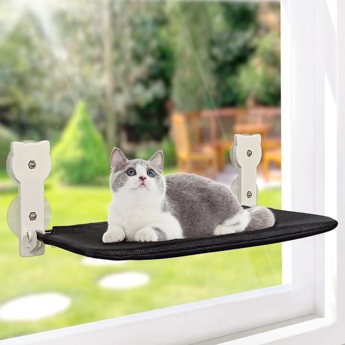 Pawtopix foldable cat hammock seat attached to window with gray and white cat lounging